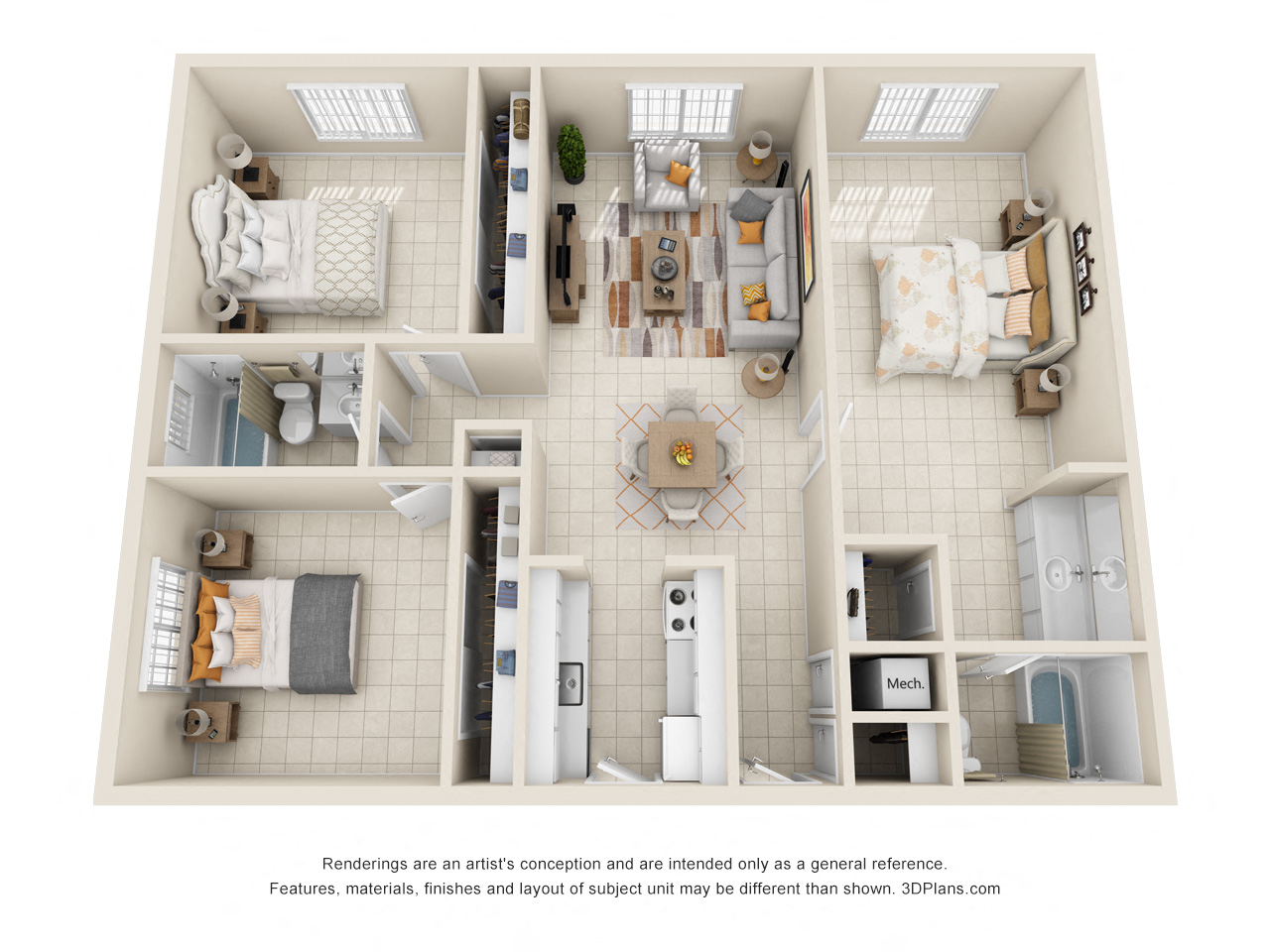 Floor plan for 3 beds, 2 baths, 1125 sqft
